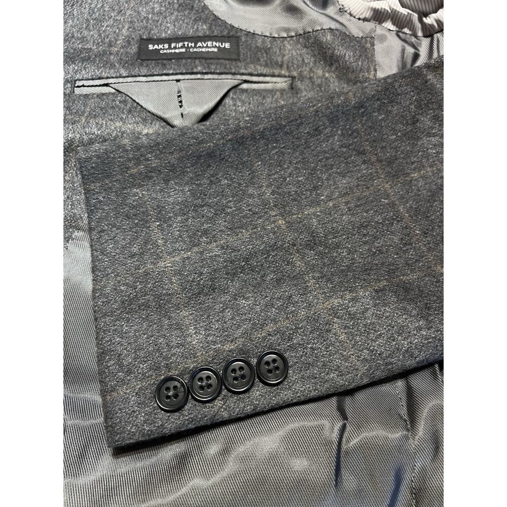 Saks 100% Brushed Cashmere Sport Coat 44-46L Gray Camel Windowpane Plaid - Picture 10 of 16